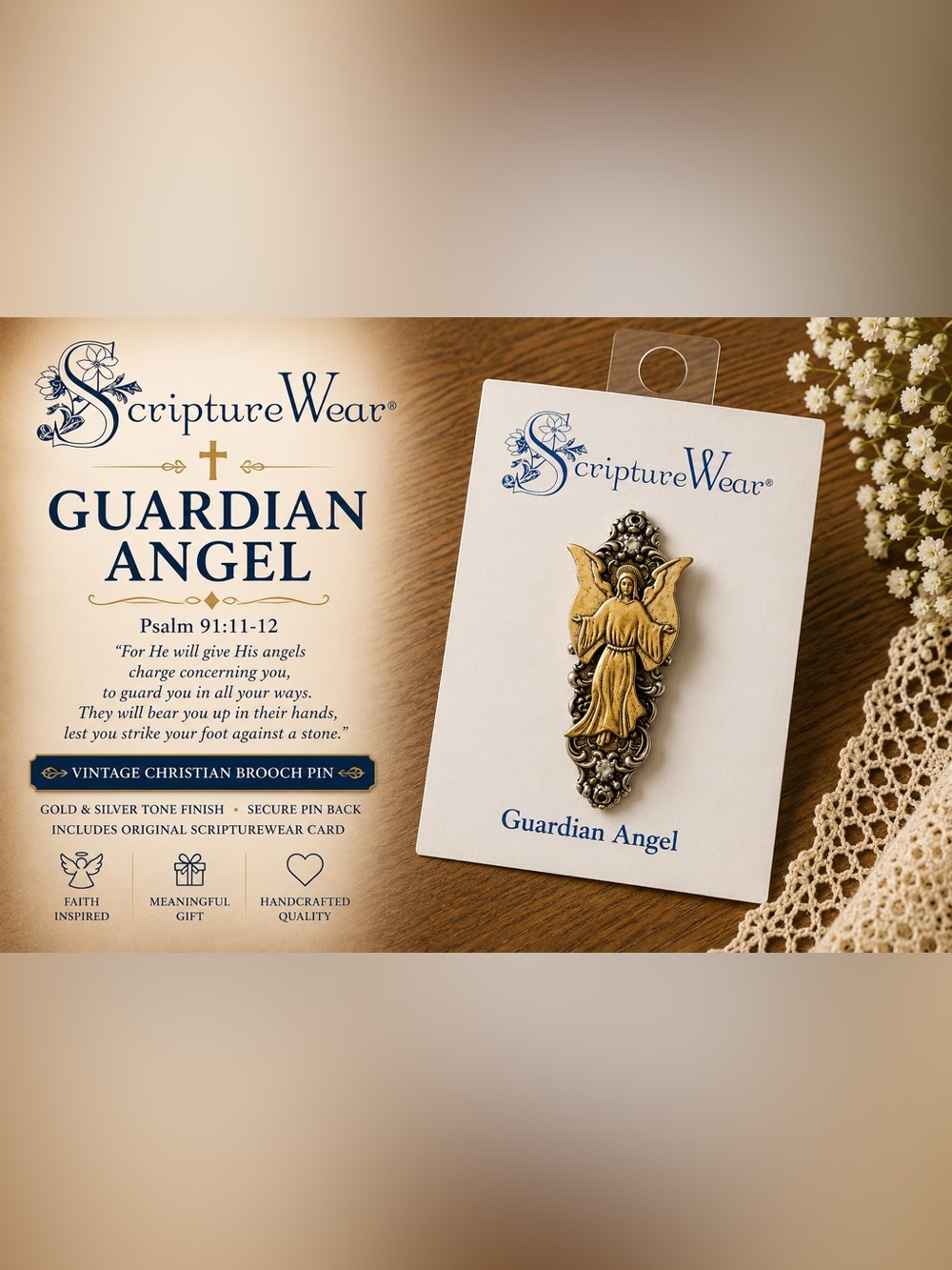 NWT ScriptureWear Guardian Angel Vintage Christian Brooch Pin w/ Original Card